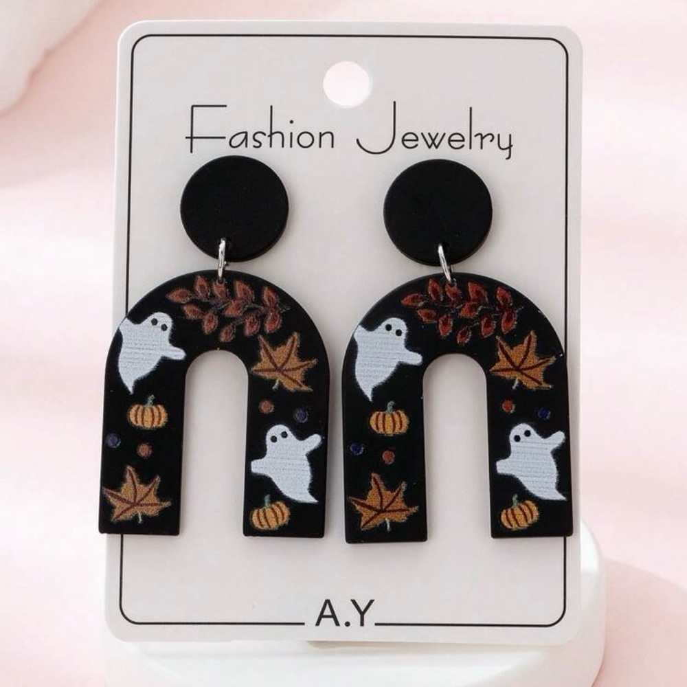 Fall Halloween Polymer Texture Post Dangle Earrings Spooky Ghosts & Pumpkins NWT